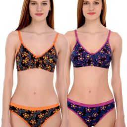 AROUSY Orange & Blue Cotton Printed Bra Panty Set - Pack Of 2-image-89