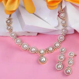 Saraf RS Jewellery Gold Plated WhiteAD & Pearl Studded Necklace Jewellery Set-image-36