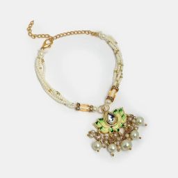 NVR Green Lotus-Shaped Kundan & Beaded Handcrafted Wraparound Rakhi Set with Roli Chawal - Set of 2 image 3