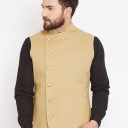 Hypernation Men's Beige Solid Woven Nehru Jacket-picture-58