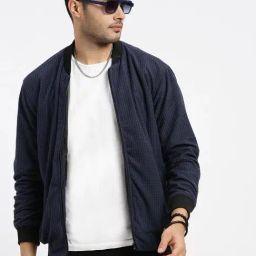 SHOWOFF Navy Blue Acrylic Slim Fit  Jacket-27