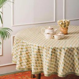 Fabindia Home Teal & Yellow Cotton Hand Block Printed Table Cover - 6 Seater-image-16