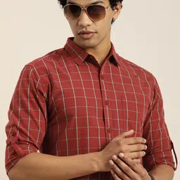 Moda Rapido Men Rust Red & Blue Slim Fit Opaque Checked Casual Shirt-image-46