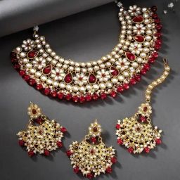 Peora Maroon Necklace with Earring & Maang Tikka Set-image-6