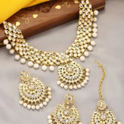 Peora White Necklace with Earring & Maang Tikka Set-image-75