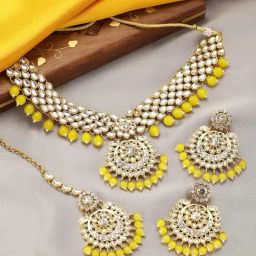 Peora Yellow Necklace with Earring & Maang Tikka Set-image-67