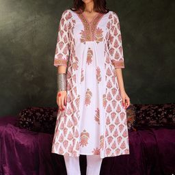 Indo Era Floral Printed Panelled Pure Cotton A-Line Kurta With Trousers-image-93