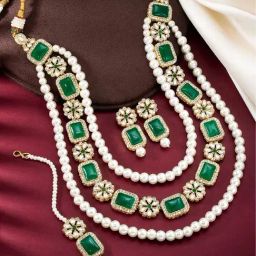 Peora Gold Plated Green Kundan Synthetic Stone Necklace Earrings & Maangtikka Jewellery Set-24