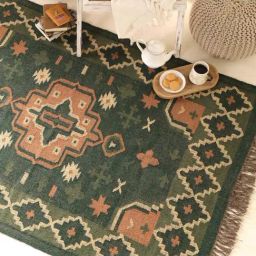 Peepul Tree Green & Peach Jute & Wool Handwoven Rug-40