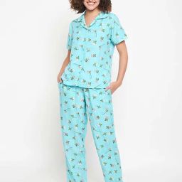 Clovia Blue Printed Shirt Pyjamas Set-image-71