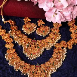 Saraf RS Jewellery Gold Toned Gorgeous Saaddhvi Haram Combo Temple Jewelleey Set-image-24