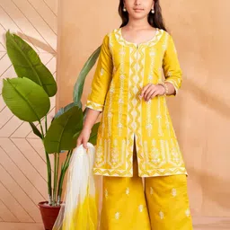 Sangria Girls Mustard Pure Silk Kurta Sets-image-66