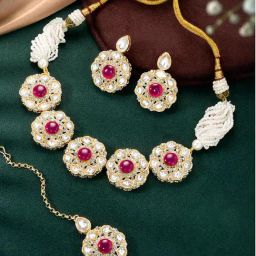 Peora Gold Plated Kundan Beads and Synthetic Stone Necklace Earrings Maangtikka Jewellery Set-0