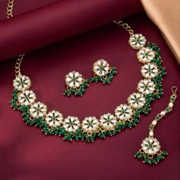 Peora Gold Plated Green Kundan & Beads Studded Necklace Earrings & Maangtikka Jewellery Set-image-47