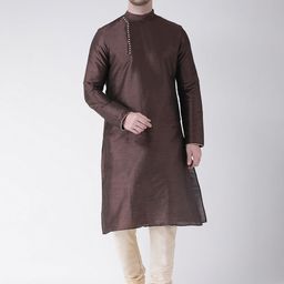 DEYANN Men Coffee Brown & Cream-Coloured Solid Kurta with Churidar-20
