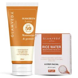 Glamveda Rice Water Brightening Facial Kit & Hybrid Sunscreen Lotion Spf 50 PA+++ Combo-image-4