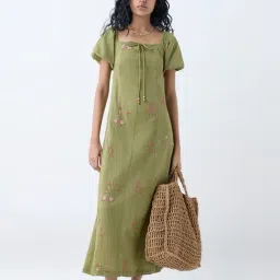 Bombay Paisley by Westside Olive Embroidered Cotton-Blend A-Line Dress-picture-5