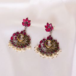 Anouk Gold-Plated Stone Studded & Beaded Peacock Shaped Drop Earrings-11