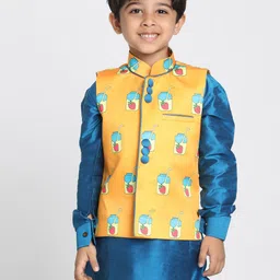 VASTRAMAY Boys Orange & Blue Printed Slim-Fit Satin Nehru Jacket-33