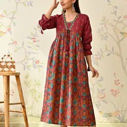 Rustorange Women Floral Printed Round Neck Cotton A-Line Maxi Dress-picture-4