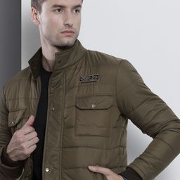 The Indian Garage Co Men Olive Green Solid Padded Jacket-image-35