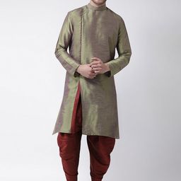 DEYANN Men Green & Red Solid Dupion Silk Kurta with Patiala-picture-0