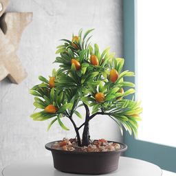 FOLIYAJ Green & Brown Artificial Y-Shape Bonsai Mango Tree With Oval-Shaped Pot-45