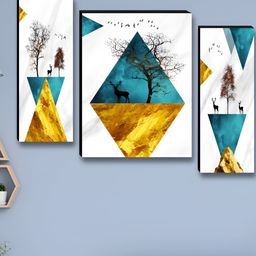 Aura White & Black 3 Pieces Tree & Deer Floral And Botanical Wooden Wall Arts-image-60