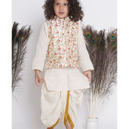 Little Bansi Full Sleeves Solid Kantha Kurta & Kantha Dhoti With Seamless Tulip Embroidered & Sequin Embellished Banarasi Silk Jacket - Cream-image-80