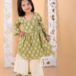 MoMaa Full Bell Sleeves Ethnic Floral Motif Printed & Lace Embellished Coordinating Angrakha Style Kurta & Palazzo Set - Mehendi Green-image-50