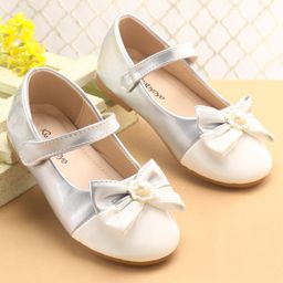 Babyoye Ballerina with Velcro Closure Bow Applique- Silver & White-image-90