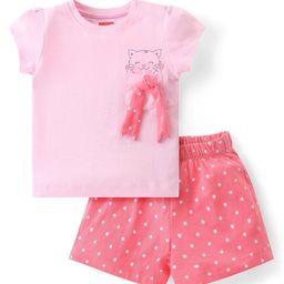 Babyhug Cotton Knit Single Jersey Half Sleeves Night Suit With Kitty Print & Bow Applique - Pink-image-60