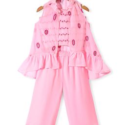Babyhug Woven Sleeveless Top &  Palazo Set with Floral Embroidered Jacket - Pink-image-28