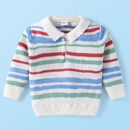 Babyhug Knitted Full Sleeves Striped Collared Pullover Sweater - Off White-image-71