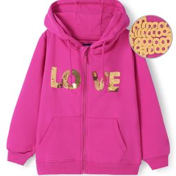 Pine Kids Cotton Knit Full Sleeves Hooded Sweatjacket with Text Sequin Detailing & Kangaroo Pockets - Dark Pink-image-98