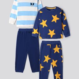 Bonfino 100% Cotton Knit Full Sleeves Striped & Star Printed Night Suits Pack of 2 - Navy Blue & White-image-97