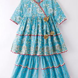 Teentaare Cotton Woven 3/4th Sleeves Kurta & Gharara Set with Floral Patch Detailing - Sky Blue-image-0