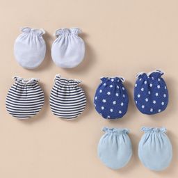 Ben Benny 100% Cotton Knit Mittens Solid Strips & Star Print Pack of 4 - Blue White & Black-image-83