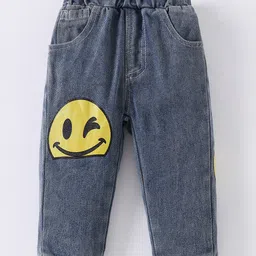 Kookie Kids Denim Full Length Washed Jeans With Emoticon Print - Blue-picture-10