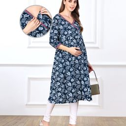 Bella Mama Viscose Woven Over Lapping Front Three Fourth Sleeves Maternity Kurta With Pocket Floral Print- Navy Blue-image-32