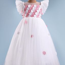 Bluebell Net Woven Sleeveless Party Gown With Floral Corsage - Off White-image-32