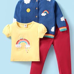 ToffyHouse Knit Full Sleeves Front Open Cardigan & Bottom Set With Rainbow Printed Inner Tee - Navy Blue-image-91