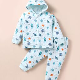 Doreme Knit full Sleeves Hooded Front Open Winter Wear Co-Ord Set with Aquatic Animal Print - Aqua Blue-picture-22