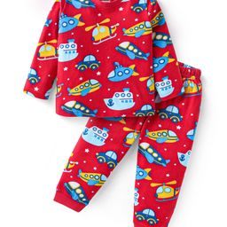 Babyhug Cotton Knit Full Sleeves Car Printed Night Suit - Red-image-49