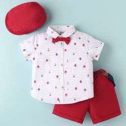 ToffyHouse Cotton Woven Half Sleeves Boat Printed Shirt & Shorts With Bow Suspender & Hat - White & Red-picture-47