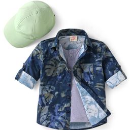 Rikidoos Full Sleeves Leaves Printed Shirt With Attached Tee & Cap - Navy Blue & Grey-image-96