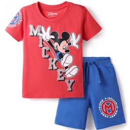 Babyhug Disney Single Jersey Knit Half Sleeves T-Shirt & Shorts Set With Mickey Mouse Graphics & Batch Detailing - Red & Blue-image-75
