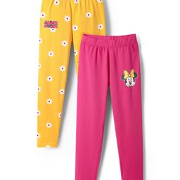 Honeyhap Disney Lycra Knit Full Length Leggings With Floral & Minnie Mouse & Family Print Pack Of 2 - Dark Pink & Yellow-image-4