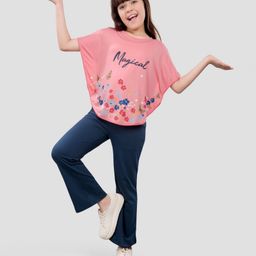 Plum Tree Pure Cotton Half Batwing Sleeves Floral Printed Poncho Top & Pant Set - Coral & Navy Blue-picture-23