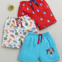 BUMZEE Cotton Knit Above Knee Length Shorts With Dino Print Shorts Pack Of 3 - Red Light Blue & White-image-44